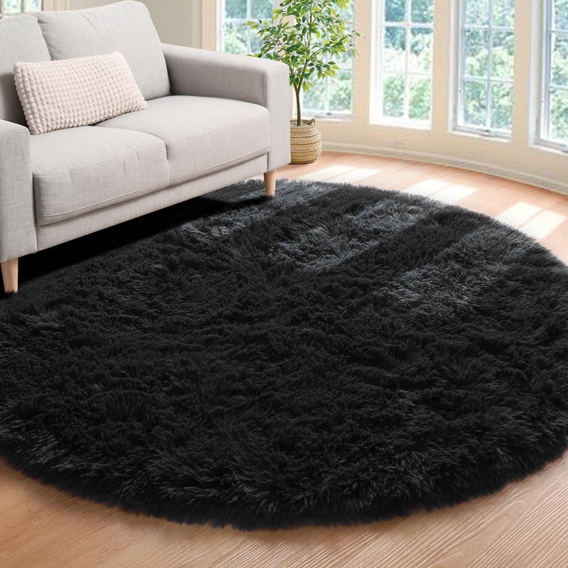 ONASAR Black Round Area Rug 4ft Soft Bedroom Circle Rugs Floor Mats for Kids Girls Boys Teen Room Fluffy Plush Shaggy Carpet for Baby Nursery Living Room Playroom Dorm Home Decor