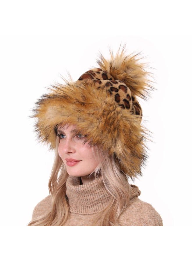 LA CARRIE Women's Faux Fur Hat Russian Cossack Pompom Cap for Winter Ski Snow(Leopard) - Image 2