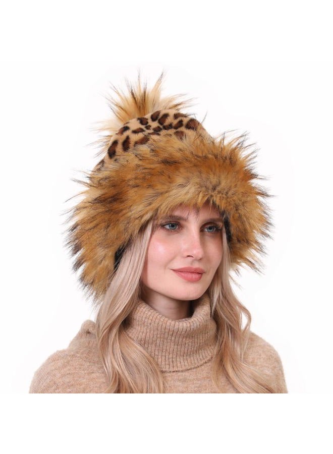 LA CARRIE Women's Faux Fur Hat Russian Cossack Pompom Cap for Winter Ski Snow(Leopard) - Image 3