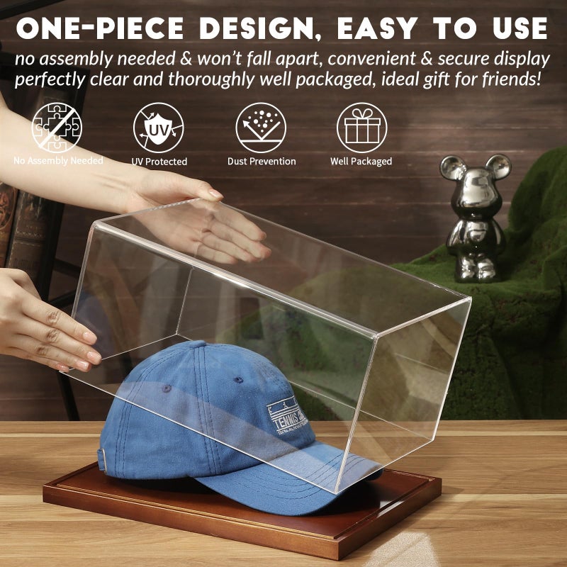 JupDec Hat Display Case, Clear Acrylic Baseball Cap Display Box Stand, UV Protection Signed Hat Transparent Showcase with Solid Wood Base Risers & Hat Shaper, Ideal Gift for Caps Collector - Image 2