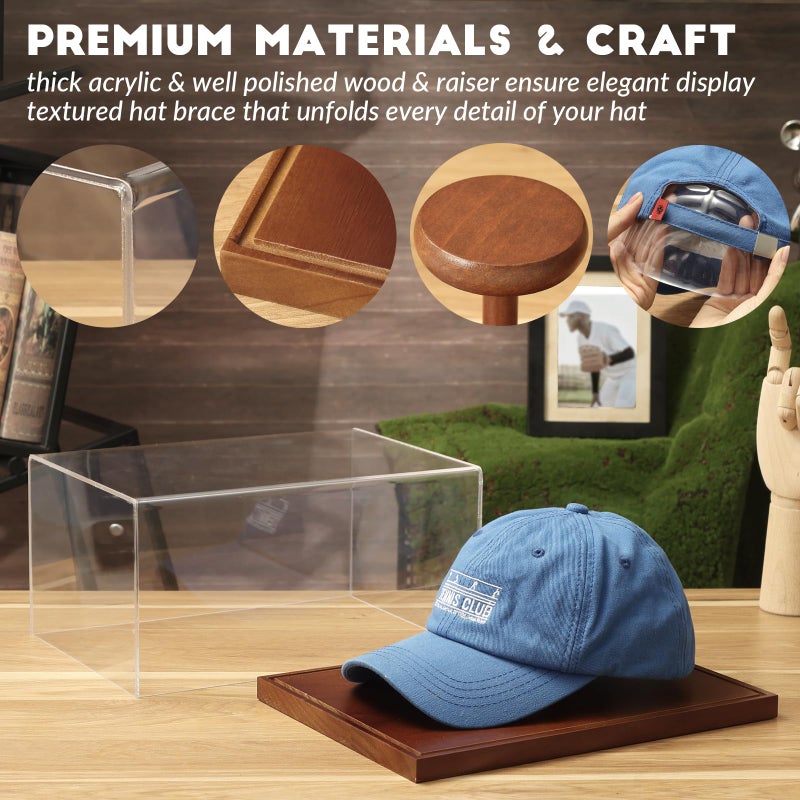 JupDec Hat Display Case, Clear Acrylic Baseball Cap Display Box Stand, UV Protection Signed Hat Transparent Showcase with Solid Wood Base Risers & Hat Shaper, Ideal Gift for Caps Collector - Image 3