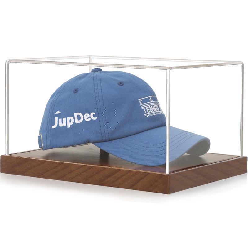 JupDec Hat Display Case, Clear Acrylic Baseball Cap Display Box Stand, UV Protection Signed Hat Transparent Showcase with Solid Wood Base Risers & Hat Shaper, Ideal Gift for Caps Collector - Image 1