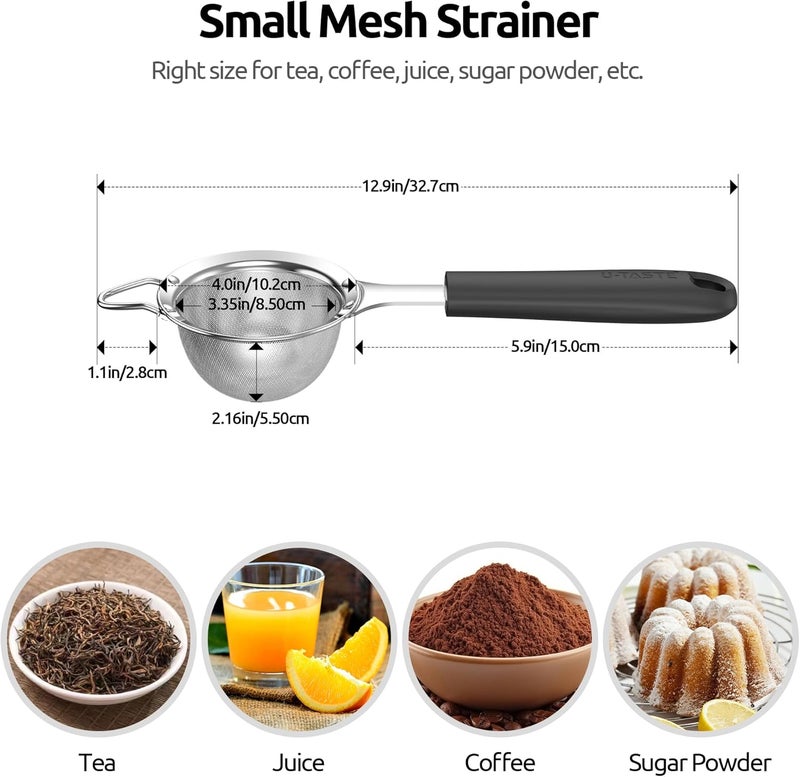U-Taste 8.5cm Wide Mesh Strainer: 18/8 Stainless Steel 30-Mesh Fine Food Sieve with Upgraded Heavy Duty Riveted Silicone Handle, 5.5cm Deep Metal Kitchen Colander for Baking Sugar, Tea (Black) - Image 1