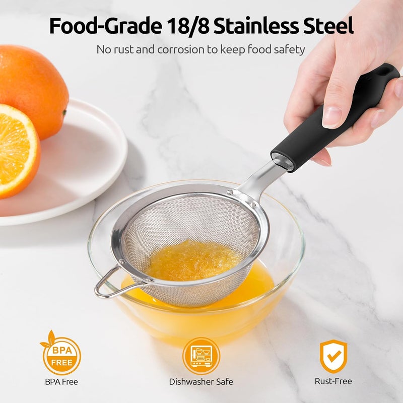 U-Taste 8.5cm Wide Mesh Strainer: 18/8 Stainless Steel 30-Mesh Fine Food Sieve with Upgraded Heavy Duty Riveted Silicone Handle, 5.5cm Deep Metal Kitchen Colander for Baking Sugar, Tea (Black) - Image 2