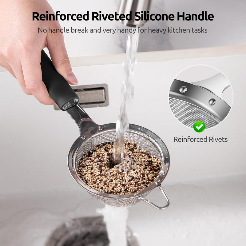 U-Taste 8.5cm Wide Mesh Strainer: 18/8 Stainless Steel 30-Mesh Fine Food Sieve with Upgraded Heavy Duty Riveted Silicone Handle, 5.5cm Deep Metal Kitchen Colander for Baking Sugar, Tea (Black) - Image 3