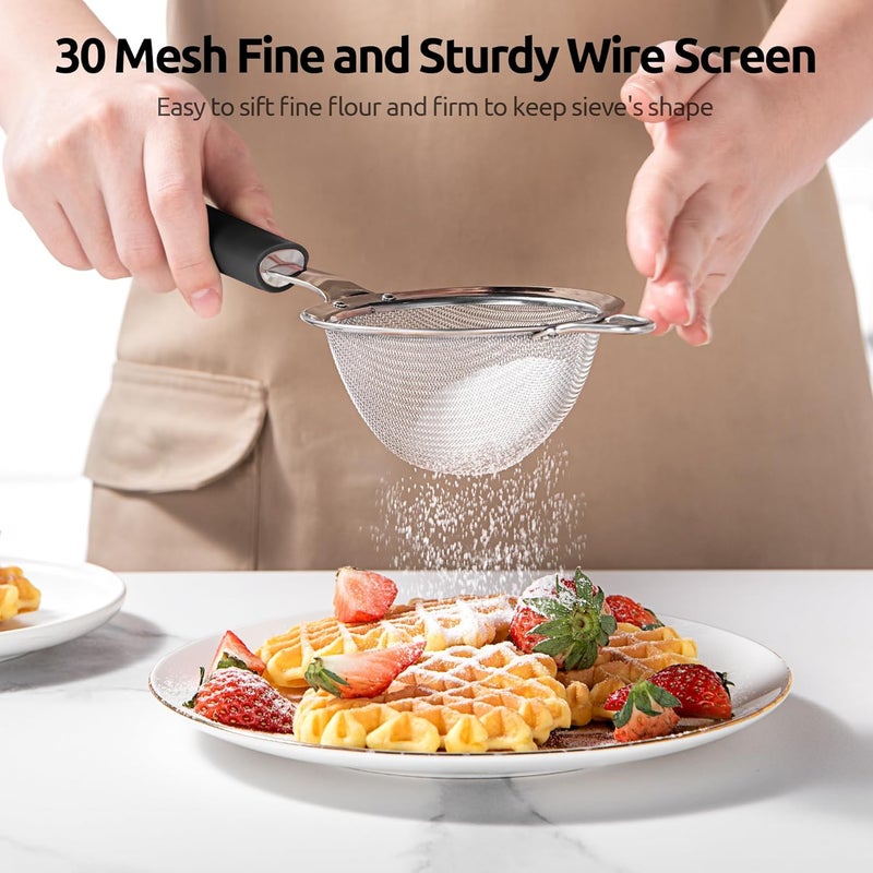 U-Taste 8.5cm Wide Mesh Strainer: 18/8 Stainless Steel 30-Mesh Fine Food Sieve with Upgraded Heavy Duty Riveted Silicone Handle, 5.5cm Deep Metal Kitchen Colander for Baking Sugar, Tea (Black) - Image 4