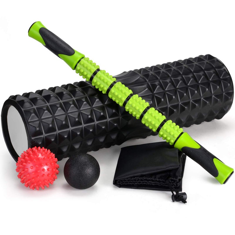 Odoland Odoland Foam Roller, 5 in 1 Massage Roller, Foam Roller with Trigger Points + Muscle Roller Stick + Massage Balls + Carry Bag for Crossfit, Pilates - Image 1
