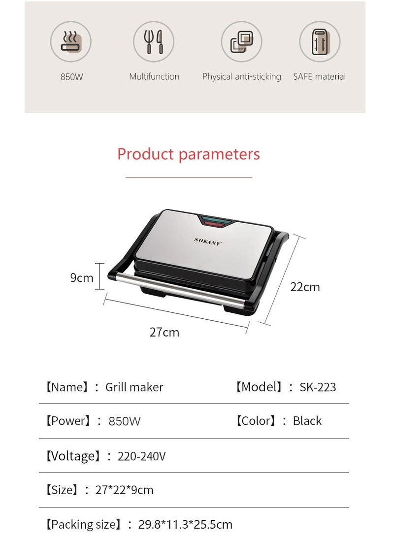 sokany - Non-Stick Grill, Panini/Sandwich Grill, Steak Machine, 850 Watts, for Grilled Meat, Sausages, Hamburgers, Bread Sandwich SK-223 Black - Image 1