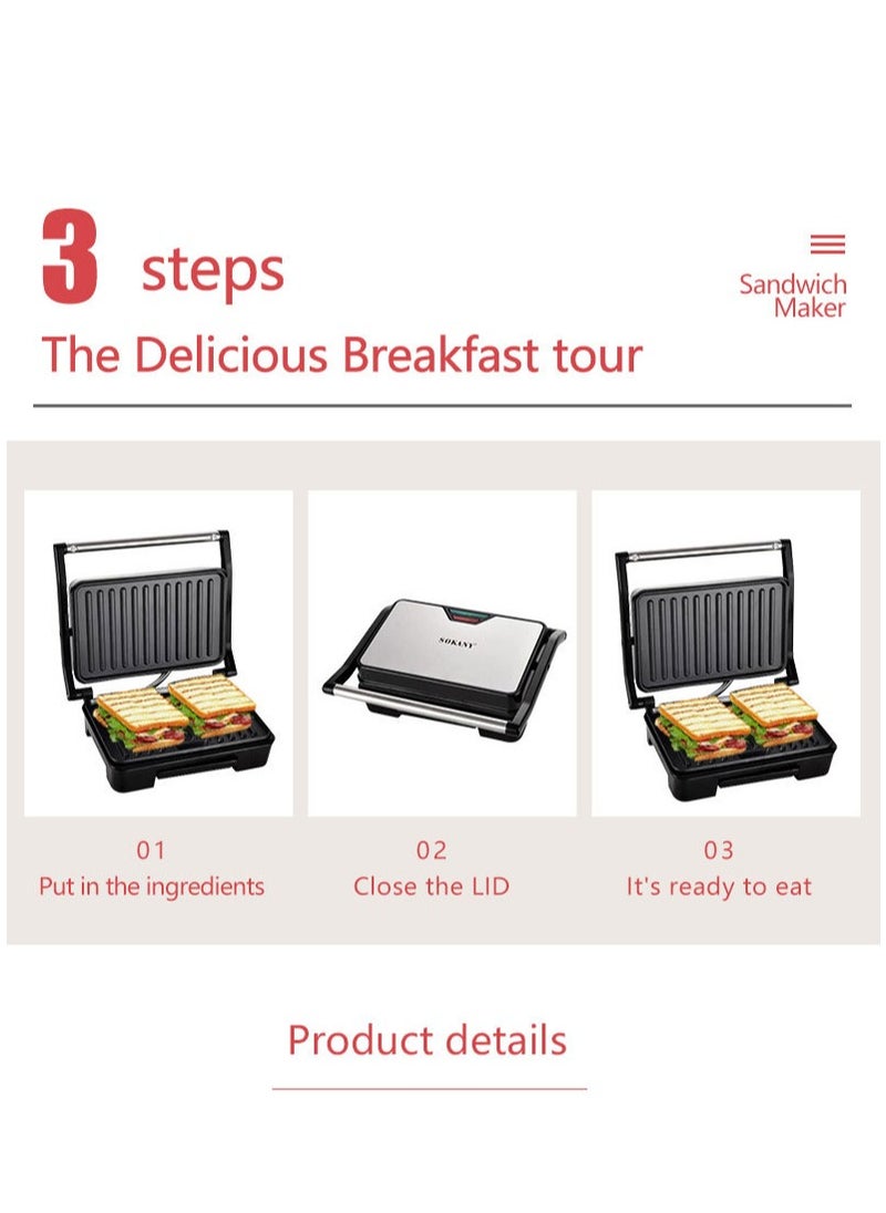 sokany - Non-Stick Grill, Panini/Sandwich Grill, Steak Machine, 850 Watts, for Grilled Meat, Sausages, Hamburgers, Bread Sandwich SK-223 Black - Image 1