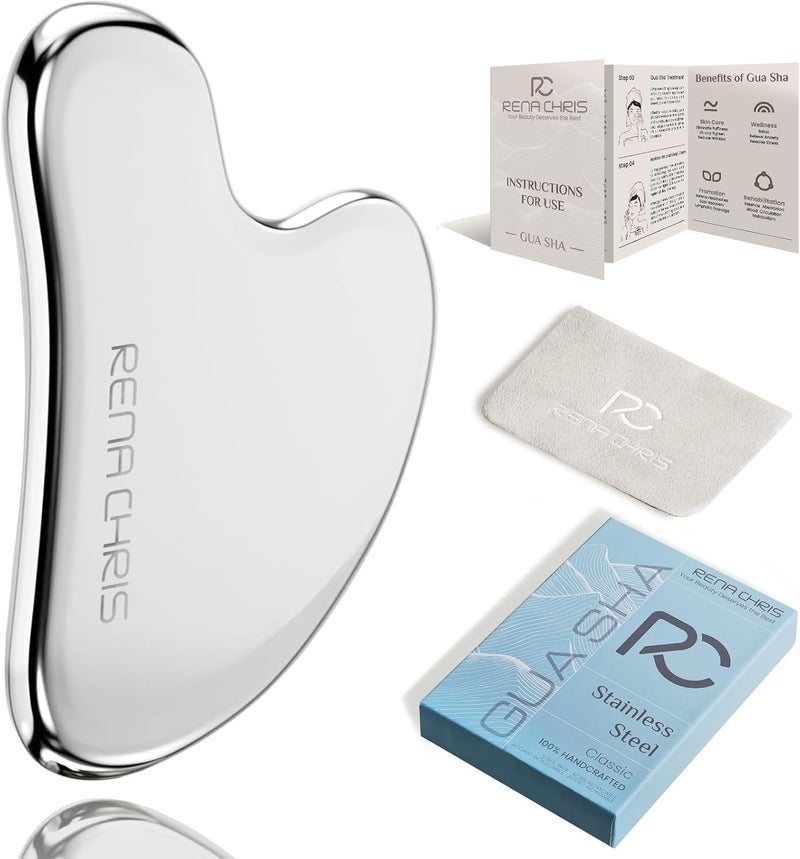 Rena Chris Gua Sha Facial Tools, Stainless Steel Guasha Tool, Manual Massage Sticks for Jawline Sculpting and Puffiness Reducing, Skin Care Gift (Silver) - Image 1