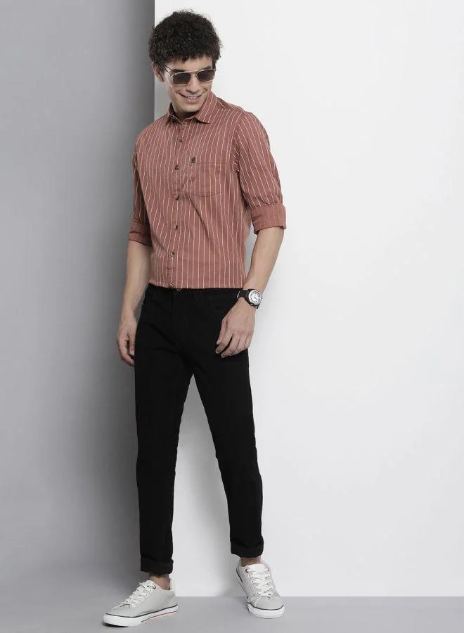 The Indian Garage Co The Indian Garage Co Men Brown Striped Shirt with Slim Collar