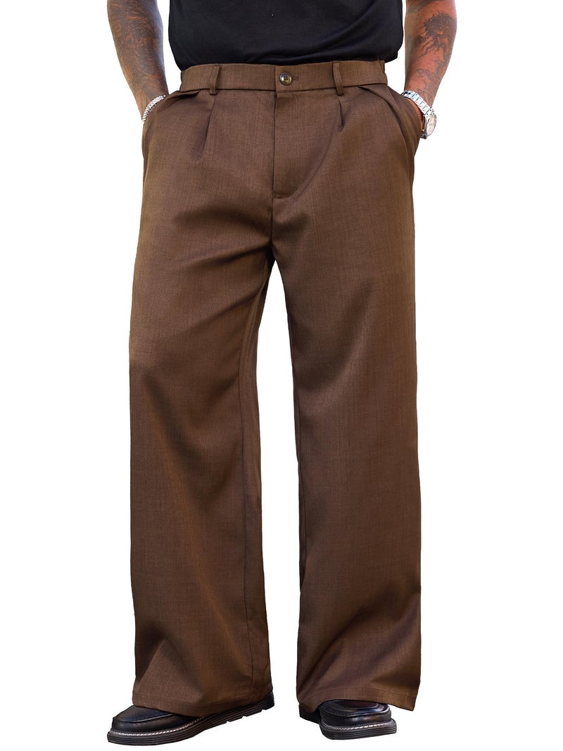 PLEPAN Men's Wide Leg Dress Pants Baggy Pleated Casual Trousers Relaxed Fit Elastic Waist Business Slacks with Pockets Dark Brown Medium - Image 1