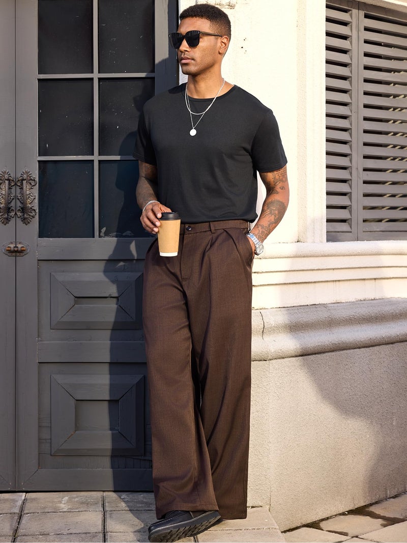 PLEPAN Men's Wide Leg Dress Pants Baggy Pleated Casual Trousers Relaxed Fit Elastic Waist Business Slacks with Pockets Dark Brown Medium - Image 3