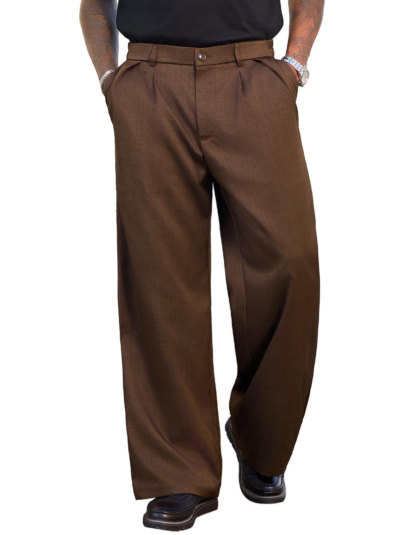 PLEPAN Men's Wide Leg Dress Pants Baggy Pleated Casual Trousers Relaxed Fit Elastic Waist Business Slacks with Pockets Dark Brown Medium - Image 5