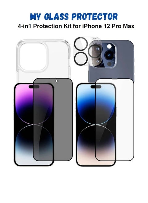 4 in 1 Protection Pack for Apple iPhone 12 Pro Max - Screen Protector, Privacy Screen Protector , Camera Lens Protector and Case Cover