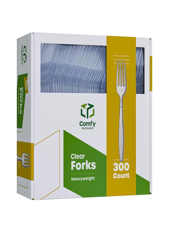 Comfy Package [300 Pack] Heavyweight Clear Plastic Forks with Engraved Design - Disposable Sturdy Plastic Utensils for Parties, Weddings, and Events - Image 1