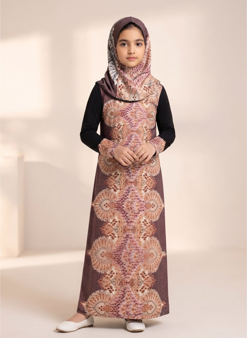 Kids Girls Prayer Esdall / Abaya Size 10 Patterned Brown with Black Sleeves, Patterned Cuffs and Hood - Islamic Prayer Dress
