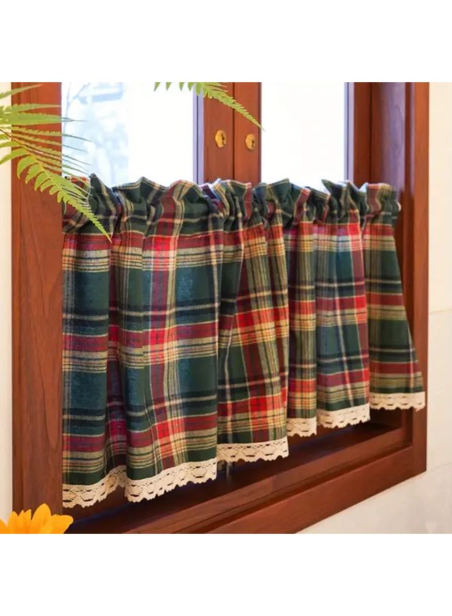Vintage Green Plaid Short Curtain With Lace Trim 51 97 By 17 72 Inch Machine Washable Sheer Voile For Kitchen Cafe And Restaurant Decor Rustic Leaf Pattern Polyester Fabric Rod Pocket Hanging All Season Use Cafe Privacy Curtains Woven Texture - Image 1