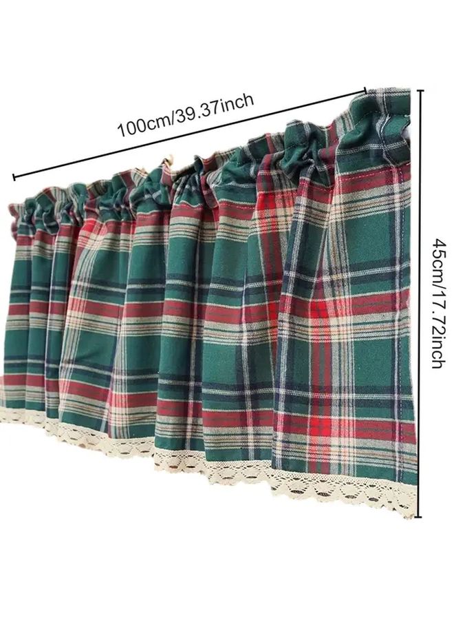 Vintage Green Plaid Short Curtain With Lace Trim 51 97 By 17 72 Inch Machine Washable Sheer Voile For Kitchen Cafe And Restaurant Decor Rustic Leaf Pattern Polyester Fabric Rod Pocket Hanging All Season Use Cafe Privacy Curtains Woven Texture - Image 2