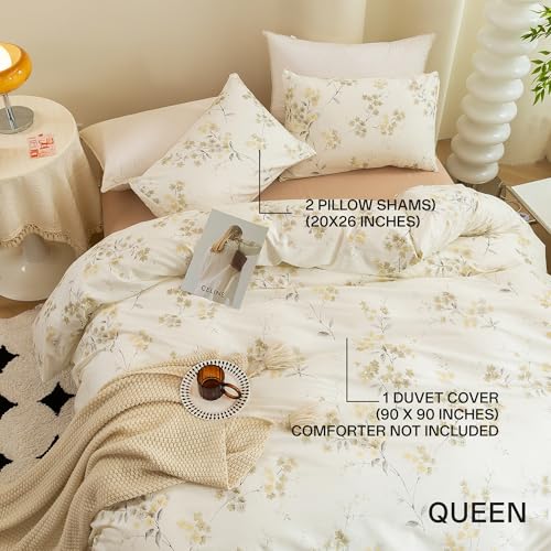 ECOCOTT Vintage Wash Painting Floral Duvet Cover Sets Queen Size,3 Pieces 100% Natural Cotton 1 Duvet Cover with Zipper and 2 Pillowcases, Ultra Soft and Easy Care Breathable Cozy Bedding Set - Image 2