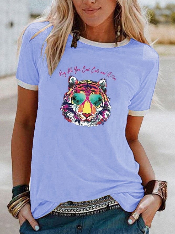 wish Fun Tiger Pattern Printed Contrast Short Sleeve T-shirt - Image 1