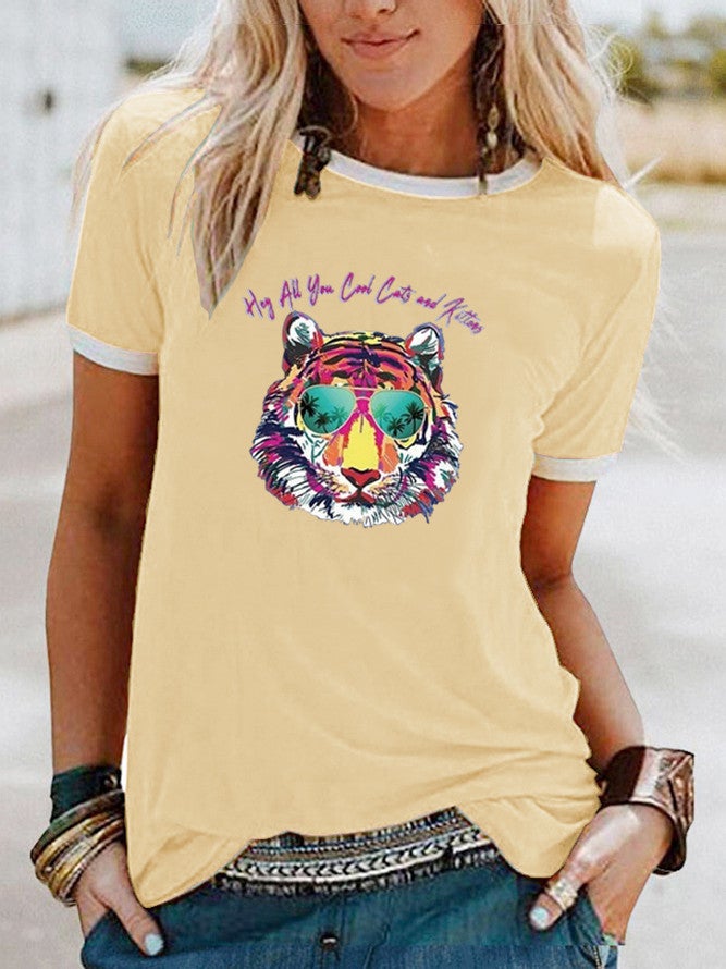 wish Fun Tiger Pattern Printed Contrast Short Sleeve T-shirt - Image 4