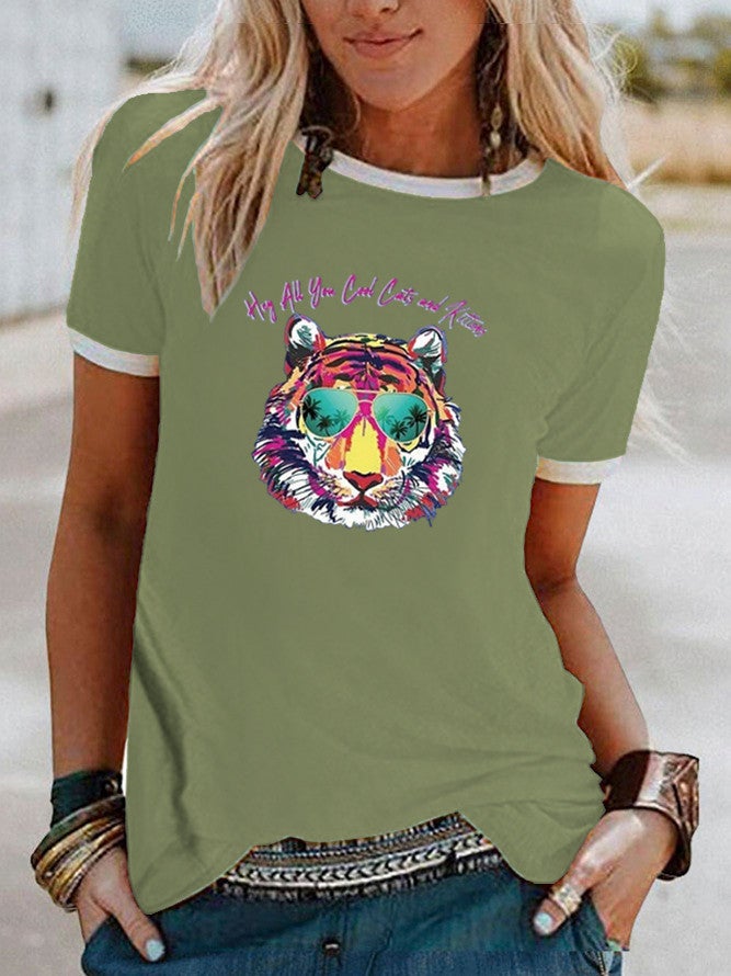 wish Fun Tiger Pattern Printed Contrast Short Sleeve T-shirt - Image 5