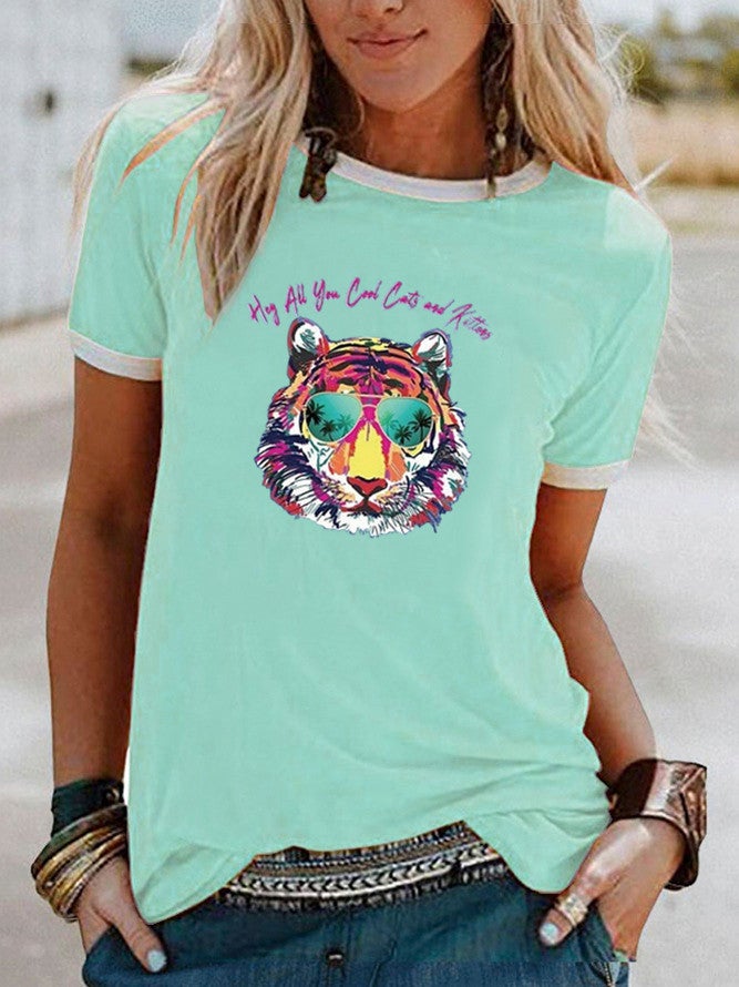 wish Fun Tiger Pattern Printed Contrast Short Sleeve T-shirt - Image 3