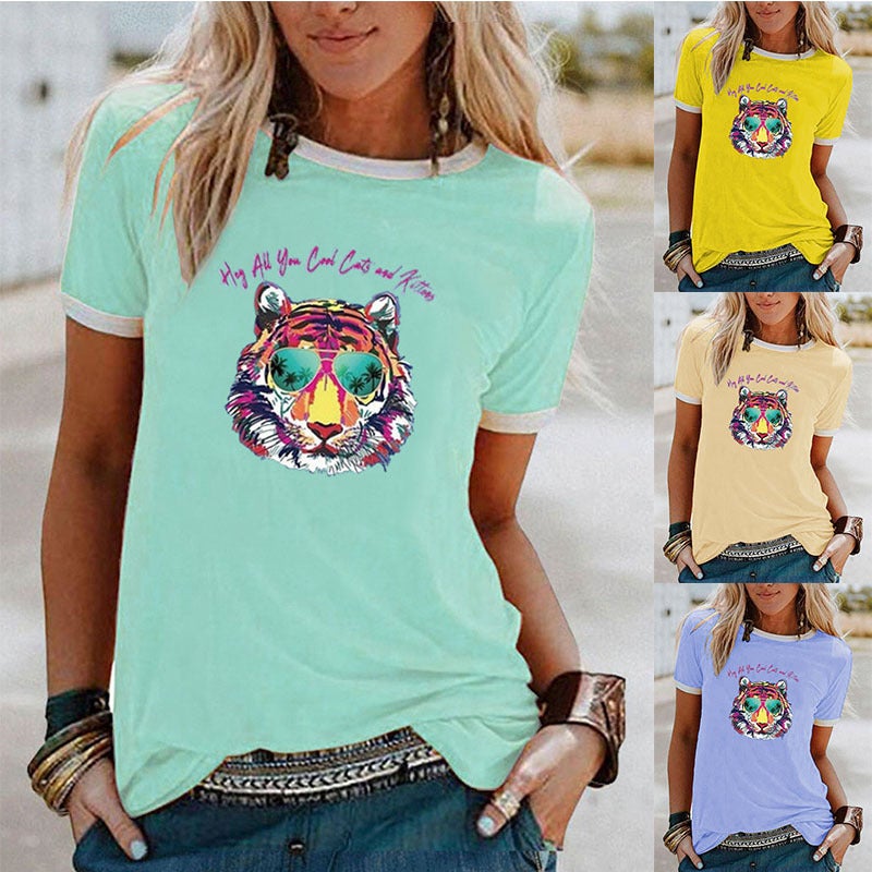 wish Fun Tiger Pattern Printed Contrast Short Sleeve T-shirt - Image 2