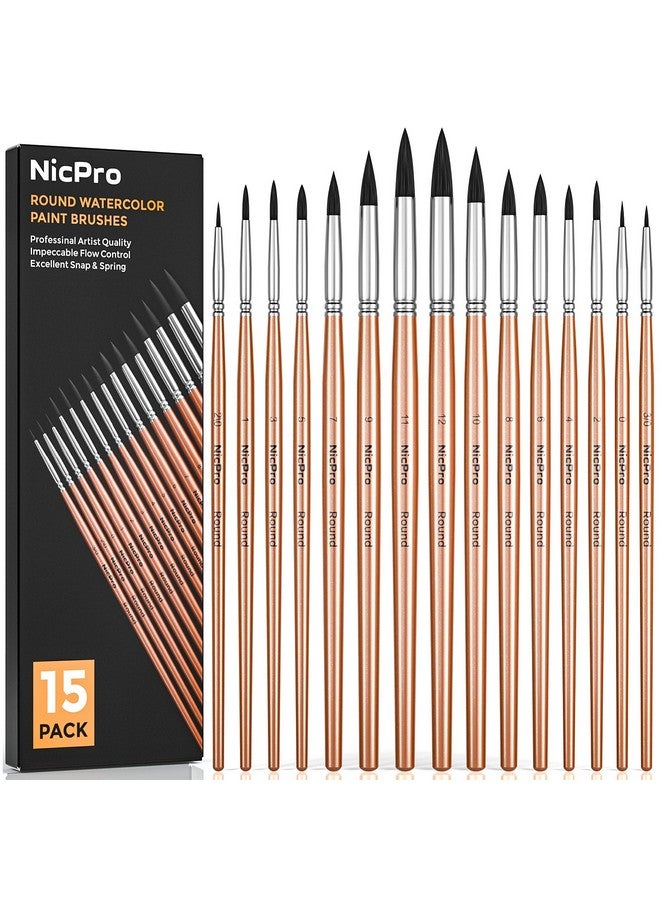 نيكبرو مجموعة فرش الرسم بالألوان المائية الدائرية المكونة من 15 قطعة، فرش الرسم بالألوان المائية الناعمة المصنوعة من مادة السنجاب الصناعية الاحترافية، للرسم بالألوان المائية والزيت والنماذج والغواش والحبر - Image 1