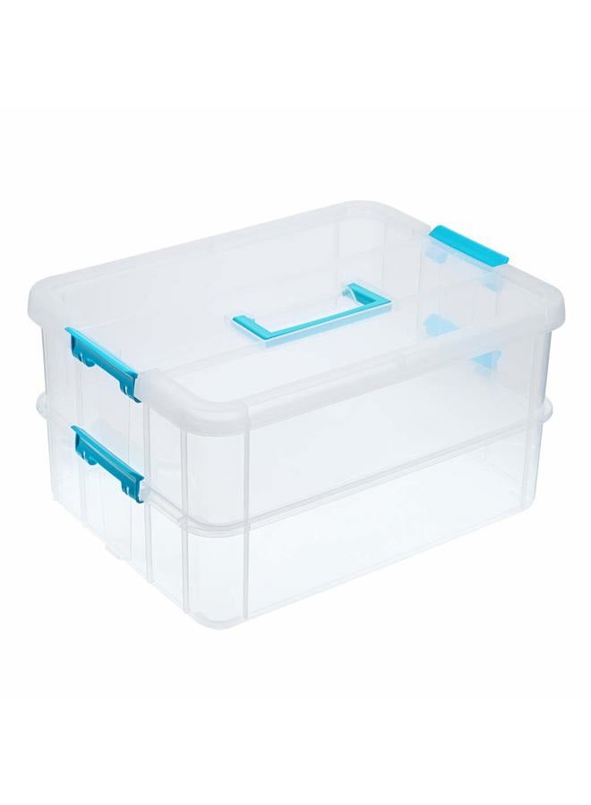 BTSKY 2 Layer Stack & Carry Box, Plastic Multipurpose Portable Storage Container Box Handled Organizer Storage Box for Organizing Stationery, Sewing, Art Craft, Jewelry and Beauty Supplies Blue - Image 1