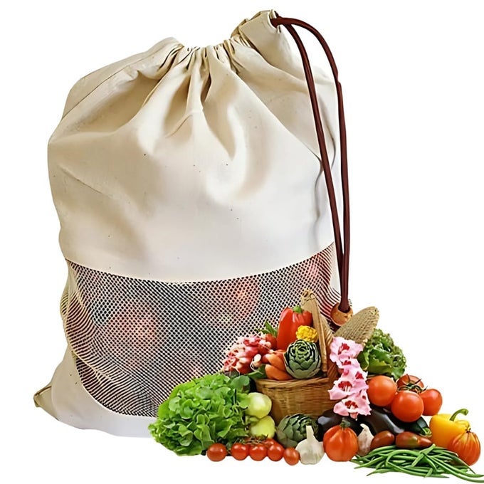 COTTON MESH PRODUCE BAG FOR FRIDGE STORAGE BREATHABLE VEGETABLE BAG WITH DRAWSTRING WOODEN BEAD CLOSURE DURABLE REUSABLE 12