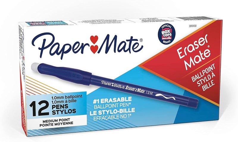 Papermate EraserMate Erasable Pen, Medium Point, Blue, Box of 12 - Image 1