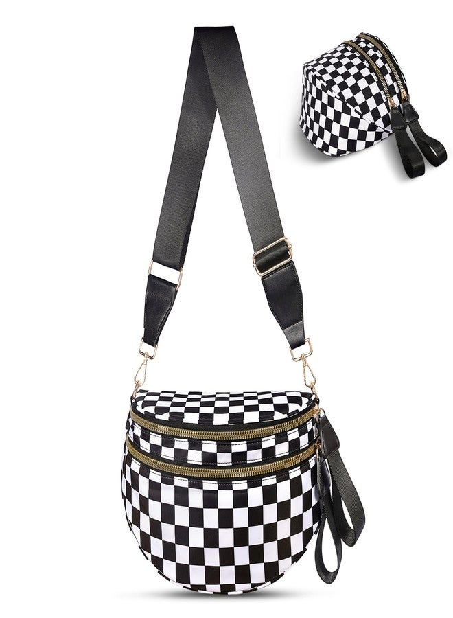 idoltimes Checkered Crossbody Bag, Bum Nylon Crossbody Bags for Women,Black and White Spacious Purse Fanny Packs Handbags, Blackwhite - Image 1
