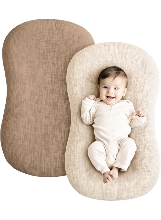 Konssy Konssy Muslin Baby Lounger Cover 2 Pack, 100% Cotton Newborn Lounger Cover, Soft and Breathable Lounger Slipcover for Boys Girls, Covers Only (Brown,Wheat)  - Image 1