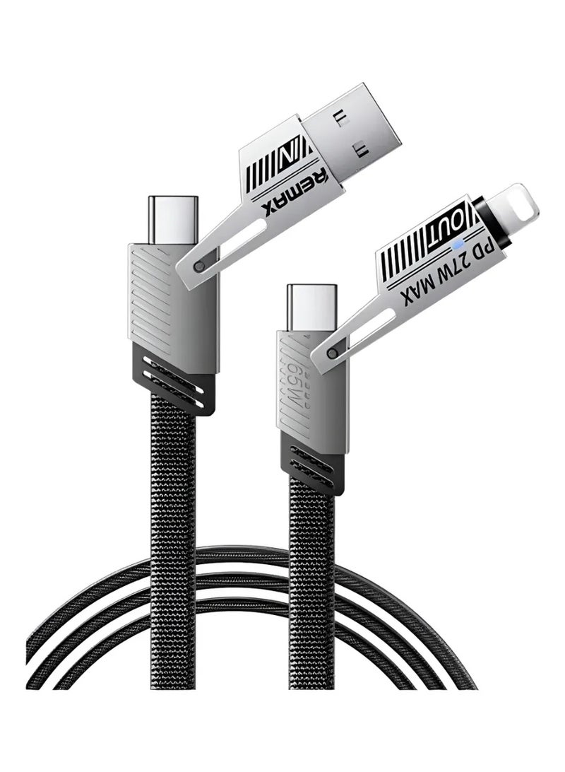 ريماكس كابل شحن سريع RC-C189 4 في 1، أسود، نايلون مضفر، 1 متر، مخرج طاقة 65 وات، متوافق مع USB-A وType-C - Image 1