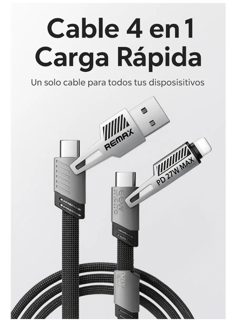 ريماكس كابل شحن سريع RC-C189 4 في 1، أسود، نايلون مضفر، 1 متر، مخرج طاقة 65 وات، متوافق مع USB-A وType-C - Image 3