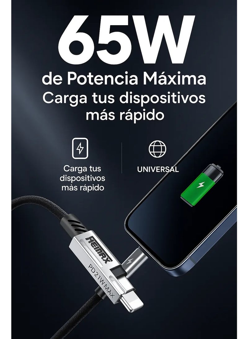 ريماكس كابل شحن سريع RC-C189 4 في 1، أسود، نايلون مضفر، 1 متر، مخرج طاقة 65 وات، متوافق مع USB-A وType-C - Image 2