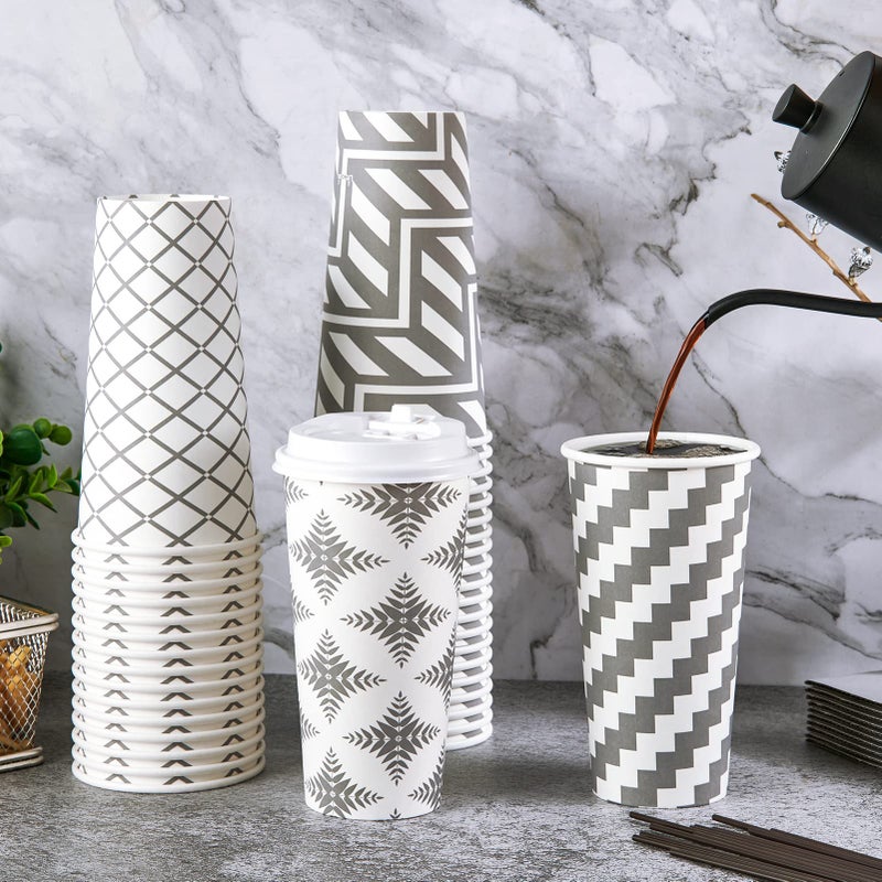 LITOPAK 100 Pack 20 oz Paper Coffee Cups with Lid  Sleeve  and Straws  Four Designs of Disposable Hot Coffee Cups for Home  Stores  and Cafes - Image 3