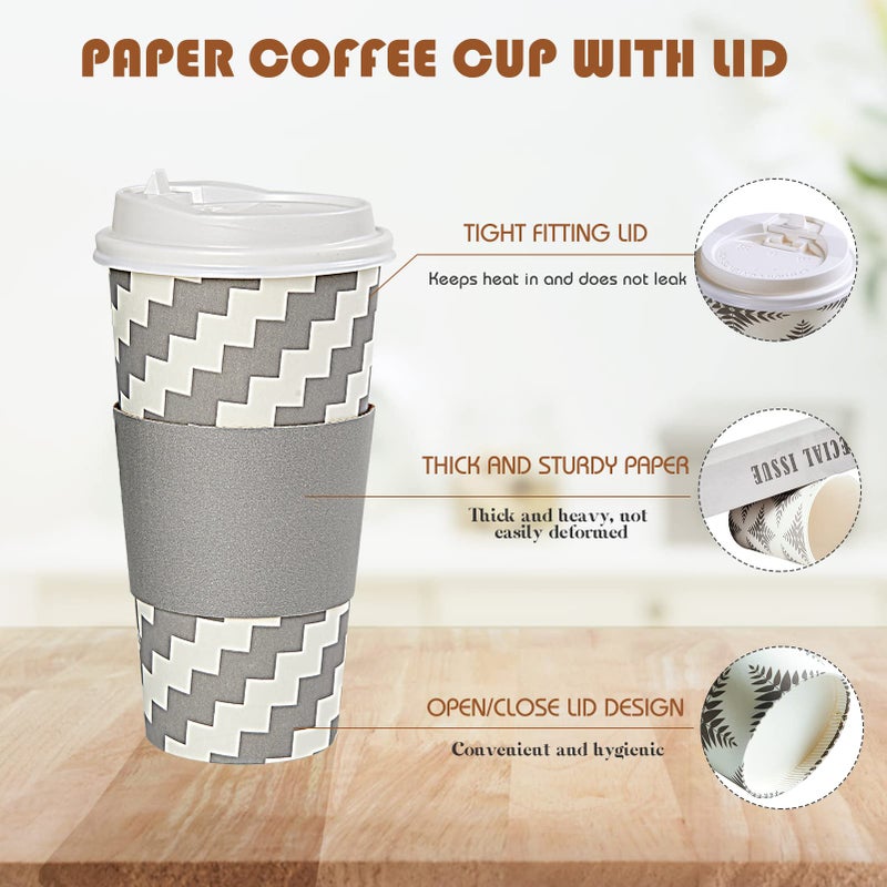 LITOPAK 100 Pack 20 oz Paper Coffee Cups with Lid  Sleeve  and Straws  Four Designs of Disposable Hot Coffee Cups for Home  Stores  and Cafes - Image 4