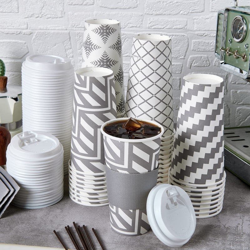 LITOPAK 100 Pack 20 oz Paper Coffee Cups with Lid  Sleeve  and Straws  Four Designs of Disposable Hot Coffee Cups for Home  Stores  and Cafes - Image 5