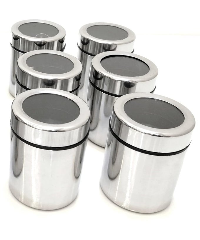 STAINLESS STEEL MASALA DABBA 6PCS SPICE CONTAINER KITCHEN JARS AND CONTAINERS STORAGE CONTAINER MASALA DANI WITH STAINLESS STEEL 6 PCS SPOON