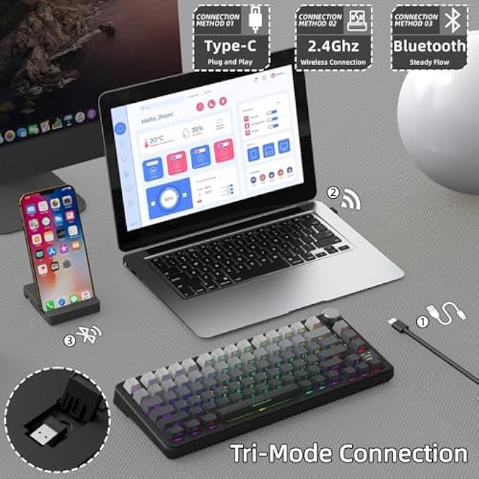rayihni X85PRO WIRELESS MECHANICAL KEYBOARD WITH TFT DISPLAY AND KNOB, 75% QMK SEAL MOUNTED GAMING KEYBOARD, 2.4G/BT/USB-C WIRED, HOT SWAPPABLE, 4000MAH,RGB(GRADIENT BLACK) - Image 3
