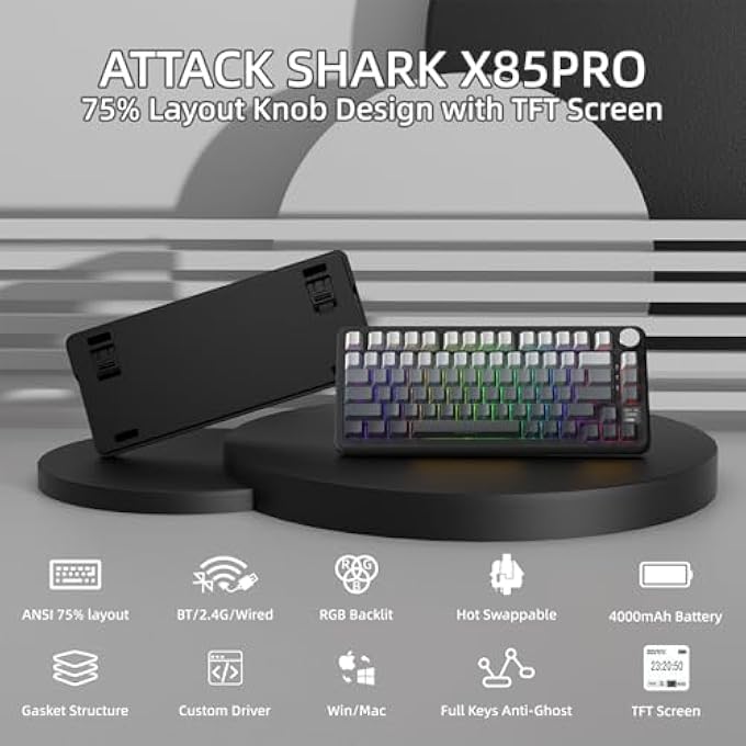rayihni X85PRO WIRELESS MECHANICAL KEYBOARD WITH TFT DISPLAY AND KNOB, 75% QMK SEAL MOUNTED GAMING KEYBOARD, 2.4G/BT/USB-C WIRED, HOT SWAPPABLE, 4000MAH,RGB(GRADIENT BLACK) - Image 2
