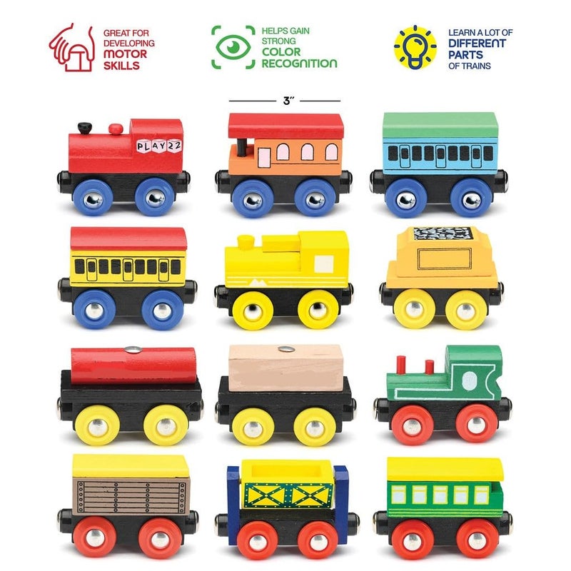 Play22 Wooden Train Set 12 PCS - Train Toys Magnetic Set Includes 3 Engines - Toy Train Sets For Kids Toddler Boys And Girls - Compatible With All Major Brands - Original - By Play22 - Image 5