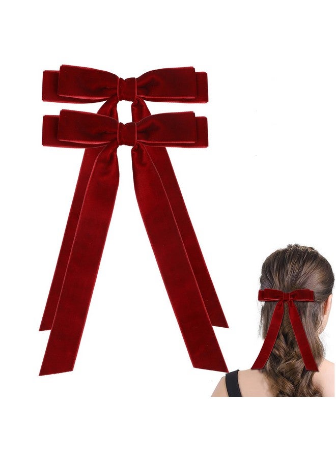 Hipcheer Large Velvet Hair Bow Clips, 2 PCS 5 Inch Hair Bows for Girls' Hair Accessories, Wine Red - Image 1