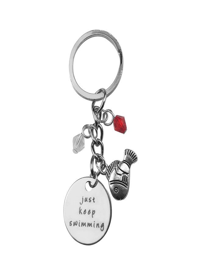 آرت أتاك سلسلة مفاتيح "استمر بالسباحة" من آرت أتاك، قلادة ساحرة على شكل سمكة حمراء مزينة بالخرز (فضية) - Image 1