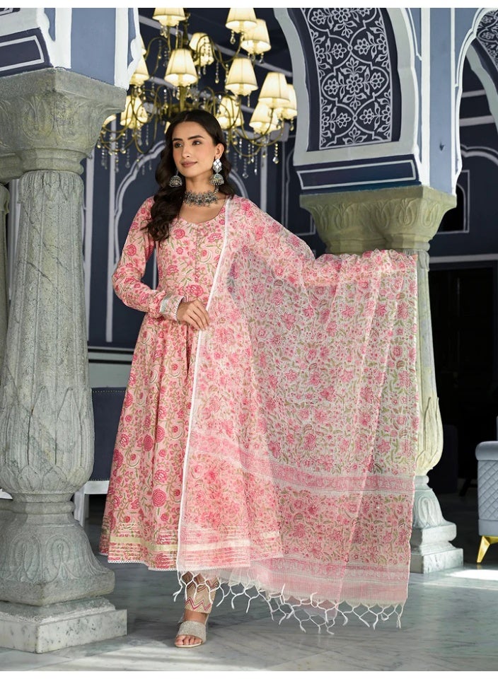 Divena Pink Floral Hand Block Print Pure Cotton Anarkali Kurta Set with Gota Embellishment - Image 4