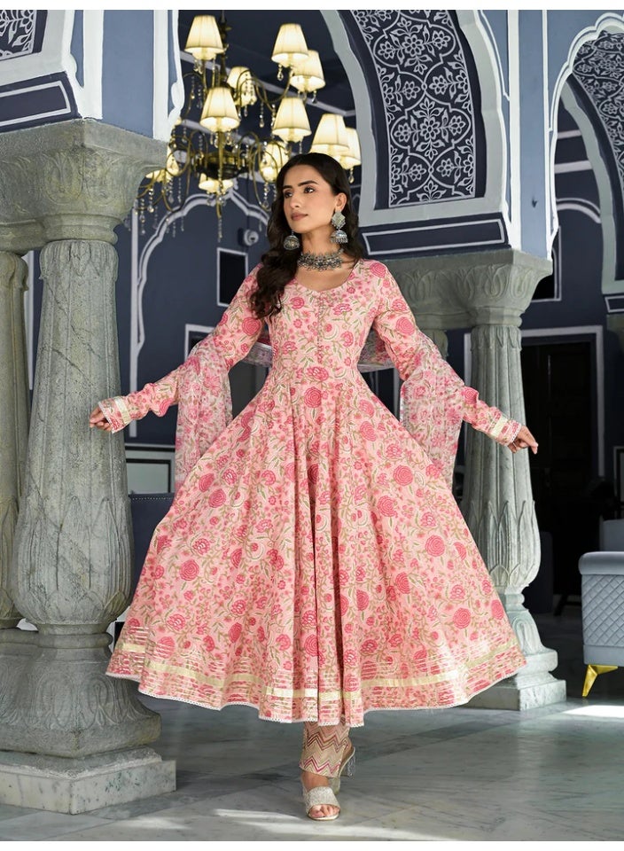 Divena Pink Floral Hand Block Print Pure Cotton Anarkali Kurta Set with Gota Embellishment - Image 1