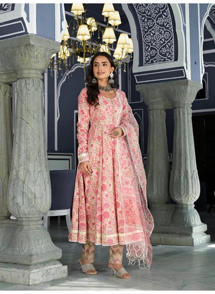 Divena Pink Floral Hand Block Print Pure Cotton Anarkali Kurta Set with Gota Embellishment - Image 3